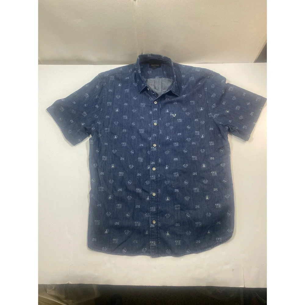 True Religion Denim Button Down Shirt XX‎ Large Slim Fit Mono Print